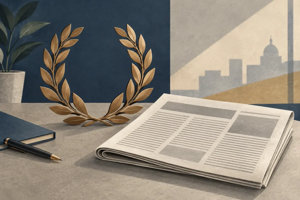 Wieniec laurowy i gazeta — symboliczna ilustracja nagrody prasowej.