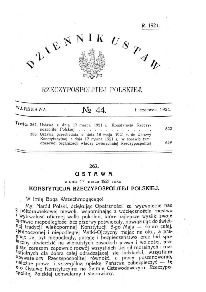 Pierwsza strona Dziennika Ustaw z 1 czerwca 1921 r. z tytułem i preambułą konstytucji marcowej