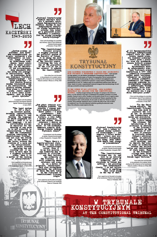 Plansza wystawy z fotografiami Lecha Kaczyńskiego i cytatami z jego wystąpień w Trybunale Konstytucyjnym