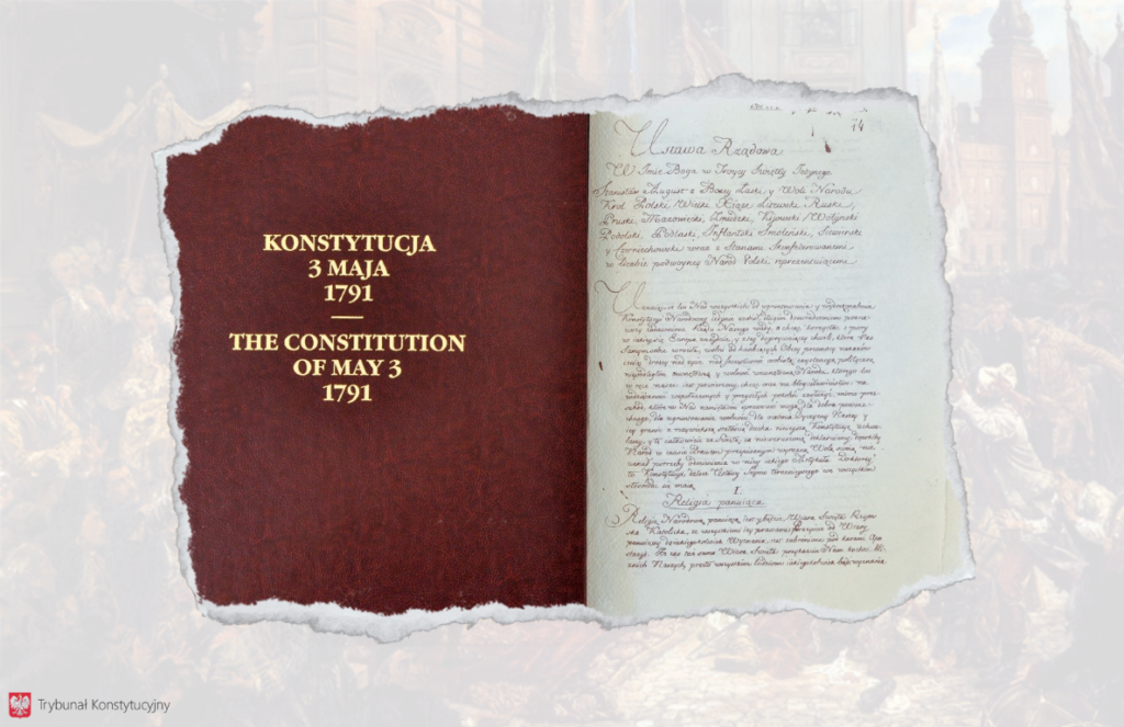 Okładka publikacji Konstytucji 3 maja i reprodukcja rękopisu Ustawy Rządowej na ilustracji TK