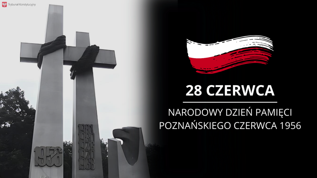 Pomnik Poznańskiego Czerwca 1956 na ilustracji z biało-czerwonym motywem i datą 28 czerwca